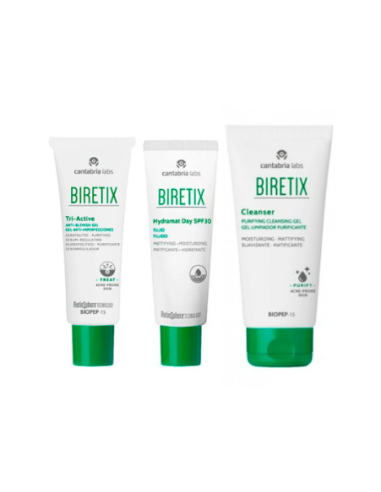 Biretix Pack Gel Tri-Active 50 ml + Hydramat SPF30 + Limpiador - Tratamiento integral para pieles acneicas.