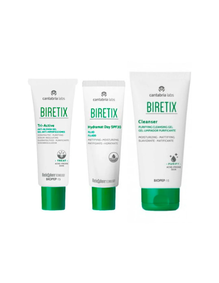 Biretix Pack Gel Tri-Active 50 ml + Hydramat SPF30 + Limpiador - Tratamiento integral para pieles acneicas.