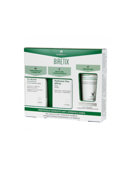Biretix Pack Gel Tri-Active 50 ml + Hydramat SPF30 + Limpiador - Tratamiento completo antiacné.