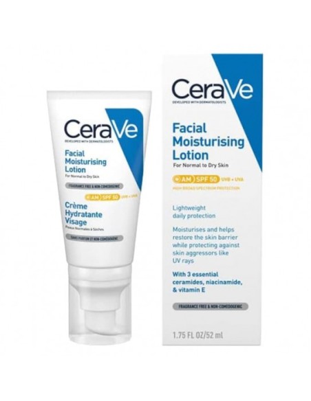 Cerave Loción Hidratante Rostro SPF 50 52 ml - Hidratación y protección solar para piel sensible.