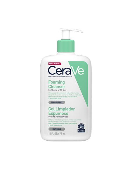 Cerave Gel Limpiador Espumoso 473 ml - Limpieza suave y efectiva para piel normal y grasa.